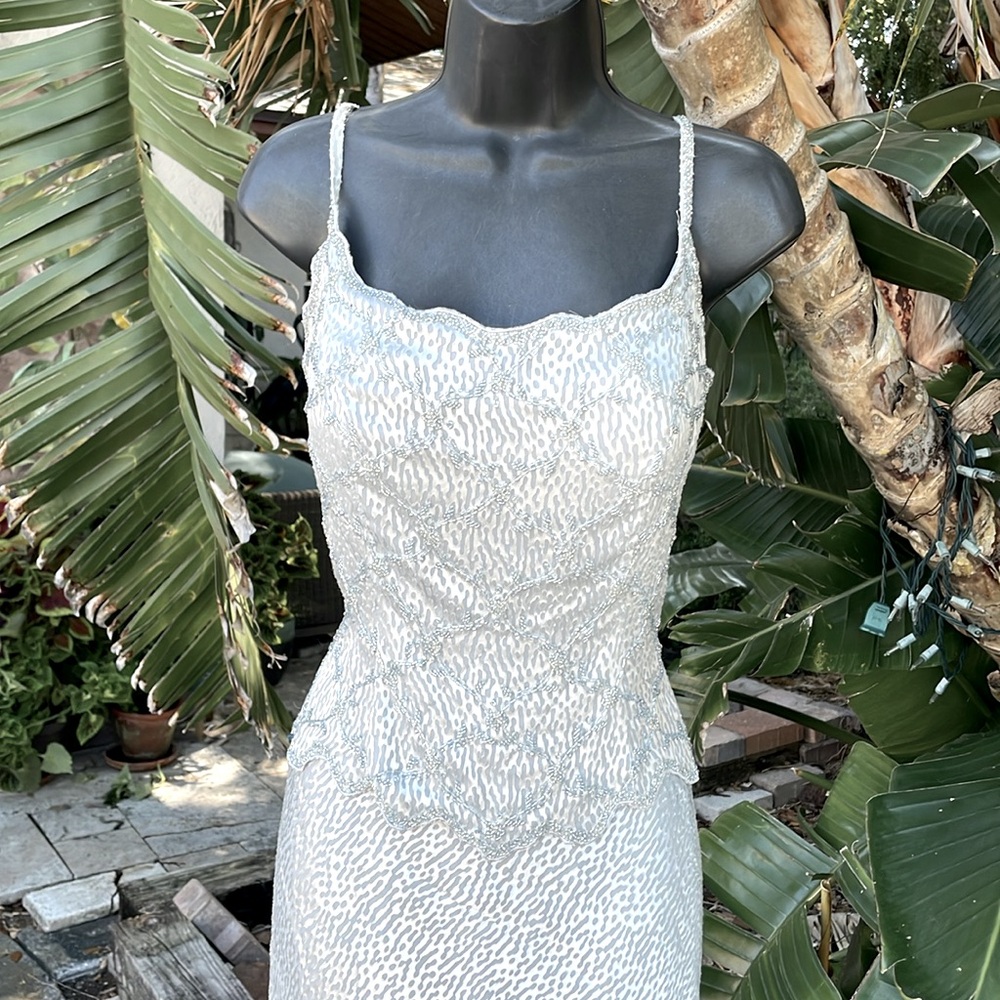 Mori Lee silver two piece tiered Beaded silk dress and jacket
